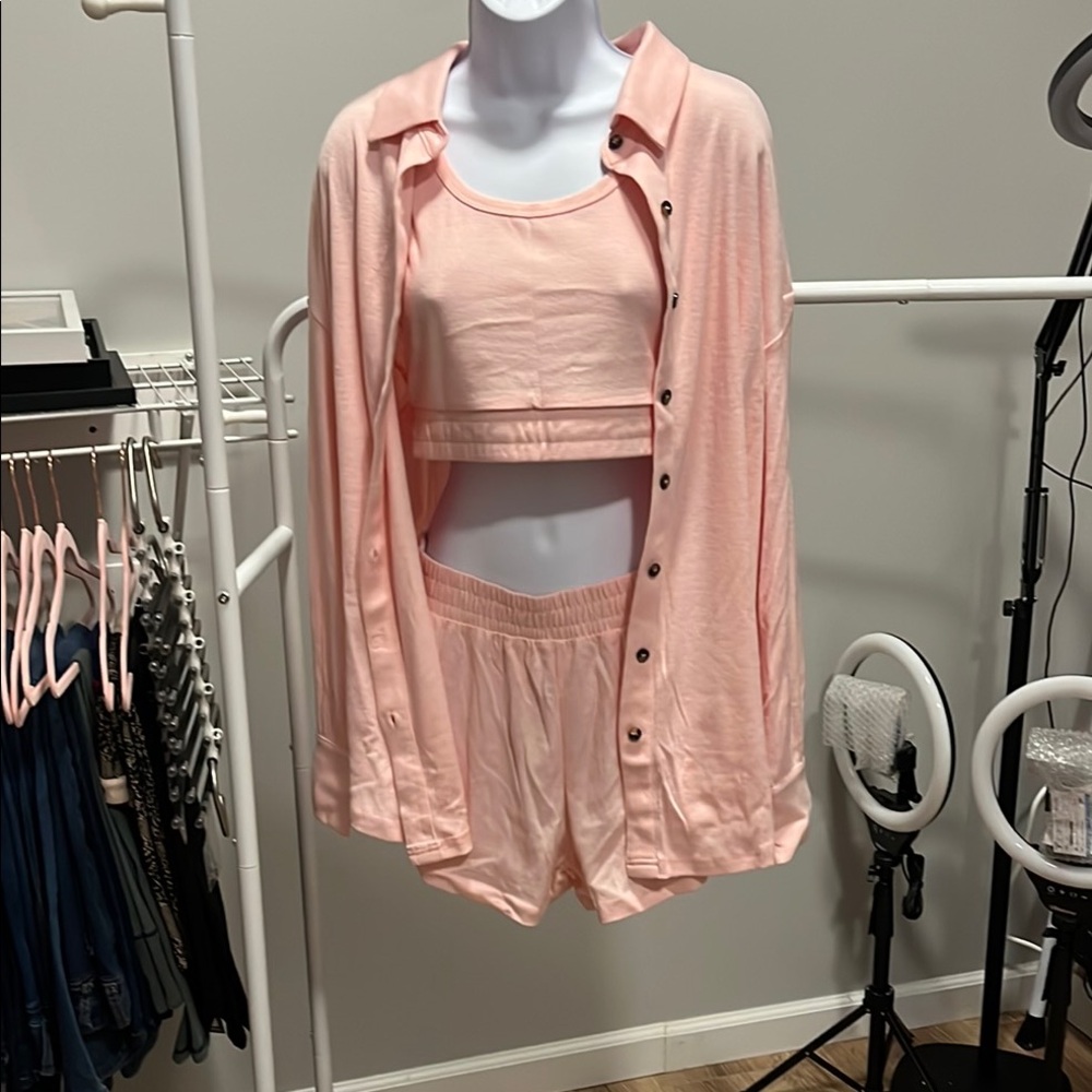 Soft Pink 3-Piece Lounge Set with Button-Up Shirt